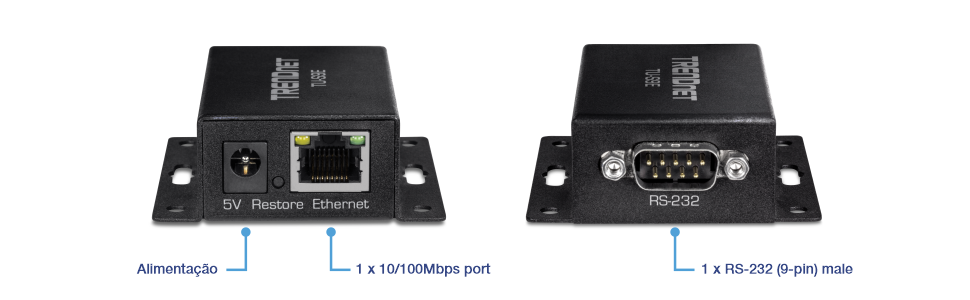 A imagem mostra um conversor USB para serial TRENDnet TU-S9, detalhando suas vistas frontal e traseira. A vista frontal inclui uma porta de alimentação de 5V, um botão de restauração e uma porta ethernet (1 x 10 100mbps). A vista traseira possui porta macho RS-232 (9 pinos), destacando sua capacidade de converter sinais USB em sinais seriais, o que é útil para conectar computadores modernos a dispositivos mais antigos.