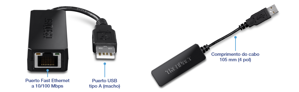 A imagem mostra um Adaptador USB 2.0 para Ethernet Rápido, modelo TU2-ET100. Ele possui uma porta Ethernet Rápida de 10/100 Mbps em uma extremidade e um conector USB Tipo A na outra. É usado para conectar um computador ou outro dispositivo com uma porta USB a uma rede Ethernet com fio, proporcionando acesso confiável à Internet.