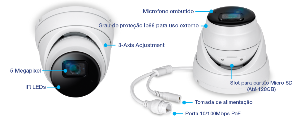 TV-IP1515PI Câmera de Rede Turret Fixa de 5 Megapixels com LEDs IR para visão noturna, microfone embutido, ajuste de 3 eixos, classificação IP66, slot para cartão Micro SD (até 256GB), entrada de alimentação e porta PoE de 10/100Mbps.