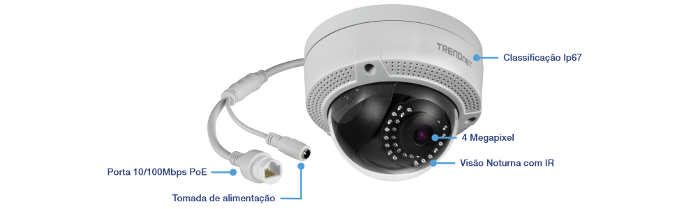Uma câmera de vigilância com recursos rotulados indicando que é classificada como IP67, resolução de 4 megapixels e equipada com visão noturna IR. Inclui uma porta PoE de 10/100Mbps para transmissão de energia e dados e possui uma porta de alimentação opcional. O nome da marca TRENDnet é visível na lateral da câmera.