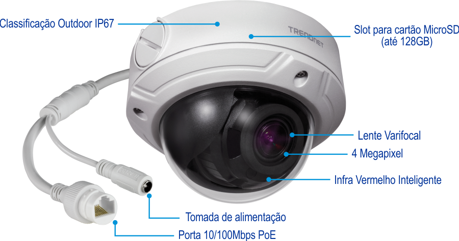 Uma câmera de segurança em forma de cúpula branca com classificação IP67 externa para climas, um slot para cartão micro SD com suporte para até 128 GB, uma lente varifocal, resolução de 4 megapixels, tecnologia Smart IR, um conector de alimentação e uma porta PoE de 10/100 Mbps.