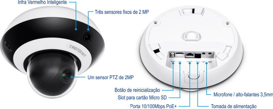Uma câmera de vigilância TRENDnet é mostrada com vários componentes rotulados, incluindo Smart IR, três sensores fixos de 2MP, um sensor PTZ de 2MP, um botão de reset, um slot para cartão micro SD, uma porta PoE+ de 10/100Mbps, um conector de alimentação e conectores de microfone e alto-falante de 3,5 mm.