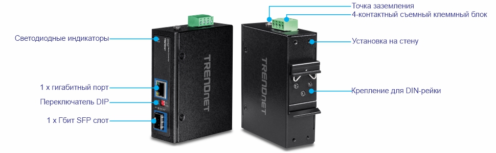 Вид на передний угол медиаконвертера TI-F11SFP 100/1000Base-T в SFP со светодиодными индикаторами с маркировкой, 1 гигабитным портом, DIP-переключателем и гигабитным слотом SFP. Справа находится вид под задним углом, показывающий метки для точки заземления, съемной клеммной колодки с 4-контактным разъемом, настенного крепления и крепления на DIN-рейку. Линии показывают связность.