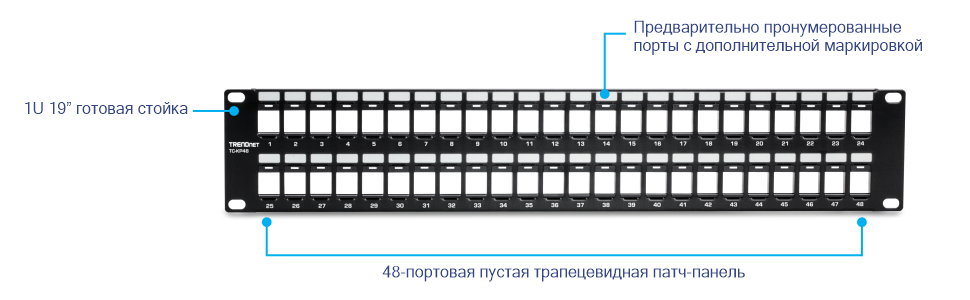 TRENDnet TC-KP48 48-портовая пустая патч-панель Keystone 2U HD. Панель предназначена для прокладки сетевых кабелей и имеет высоту 2U, что делает ее подходящей для монтажа в 19-дюймовую стойку. Он оснащен 48 пустыми портами трапецеидальных искажений, в которых можно разместить различные типы разъемов трапецеидальных искажений. Порты предварительно пронумерованы и снабжены дополнительными этикетками для легкой идентификации и организации. Эта патч-панель идеально подходит для сетевых администраторов и ИТ-специалистов, которым необходимо эффективно управлять сетевыми кабелями и организовывать их.