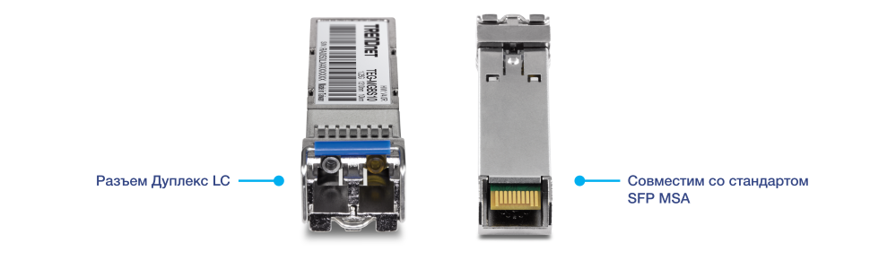 Два вида фирменного модуля приемопередатчика SFP (Small Form-factor Pluggable) компании TRENDnet. На левой стороне показан вид спереди с дуплексным разъемом LC, а на правой стороне показан вид сзади, указывающий на соответствие SFP MSA (Multi-Source Agreement).
