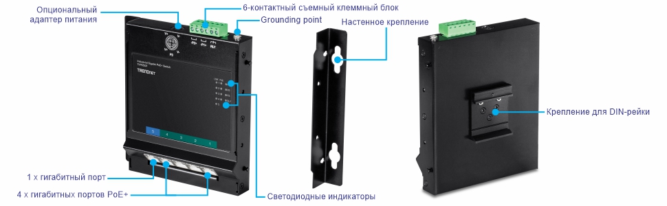Вид промышленного коммутатора TRENDnet спереди с маркированными компонентами: дополнительный адаптер питания, 6-контактная съемная клеммная колодка, точка заземления, светодиодные индикаторы, один гигабитный порт и четыре гигабитных порта PoE+. На виде сбоку отображается настенное крепление. Вид сзади имеет крепление на DIN-рейку.