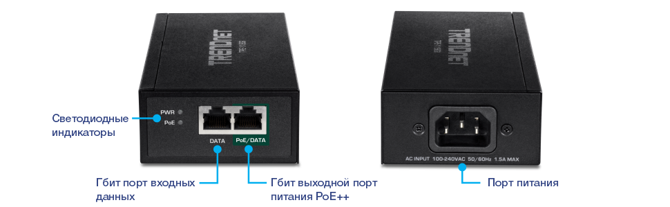 Несколько видов гигабитного инжектора PoE++. Вид слева помечен светодиодными индикаторами, гигабитными данными в порту и гигабитным портом PoE++ на выходе. На правом снимке показан порт питания.