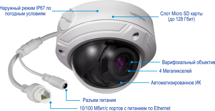 Белая куполообразная камера безопасности с погодным рейтингом IP67 на открытом воздухе, слотом для карт micro SD объемом до 128 ГБ, объективом с переменным фокусным расстоянием, разрешением 4 мегапикселя, технологией Smart IR, разъемом питания и портом PoE 10/100 Мбит/с.