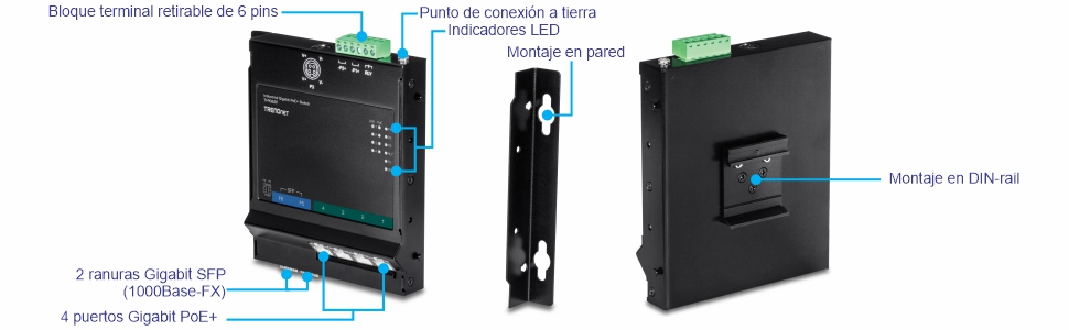 Un dispositivo de red con un bloque de terminales extraíble de seis pines en la parte superior, un punto de conexión a tierra e indicadores LED en el panel frontal. Cuenta con dos ranuras Gigabit SFP (100/1000Base-FX) y cuatro puertos Gigabit PoE+ en la parte inferior. El dispositivo se puede montar mediante un soporte de pared o un montaje en carril DIN. El soporte de pared es un soporte separado, mientras que el soporte de riel DIN está conectado a la parte posterior del dispositivo. El dispositivo es negro y rectangular con etiquetas que indican las partes específicas y sus funciones.