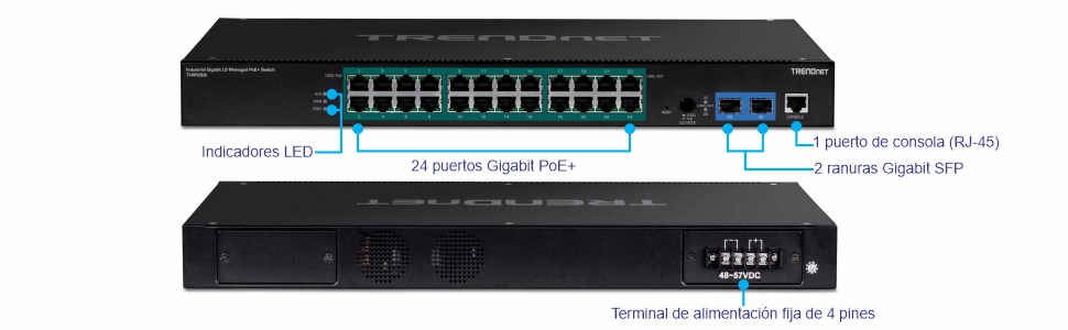 El objeto visual muestra un conmutador de red TRENDnet con varios componentes etiquetados. La vista frontal destaca 24 puertos Gigabit PoE+, 2 ranuras Gigabit SFP, 1 puerto de consola (RJ-45) e indicadores LED. La vista trasera muestra un terminal de alimentación fijo de 4 pines. Las etiquetas proporcionan una identificación clara de cada componente, lo que facilita la comprensión de las características y las opciones de conectividad del conmutador.