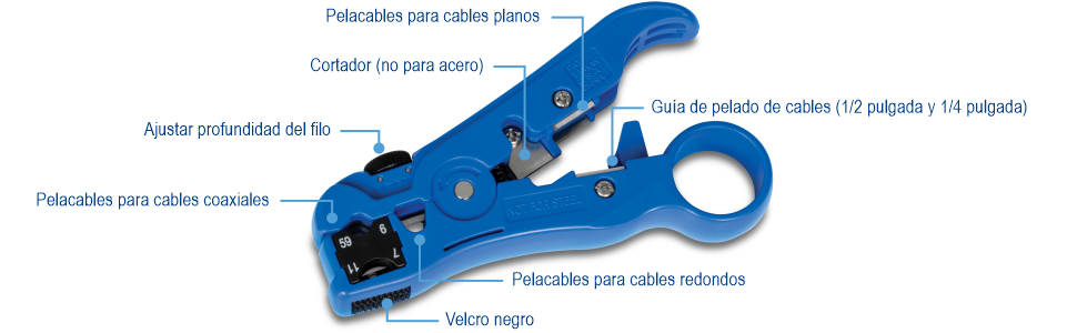 TC-CT70 Herramienta de pelado universal, la herramienta incluye un pelacables plano, un cortador (no para acero), una guía de pelado (1/2 pulgada y 1/4 de pulgada), un pelacables redondo, Velcro negro para blindaje trenzado en el cable, un pelacables coaxial y una función de ajuste de la profundidad de la cuchilla. Esta descripción detallada destaca las diversas funcionalidades de la herramienta para un pelado de cables preciso.