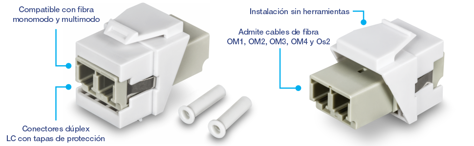 Un paquete de 5 conectores de acoplador Keystone de fibra óptica dúplex LC TC-K05LC de TRENDnet. Cada conector cuenta con un conector LC dúplex con tapas protectoras y admite fibra monomodo y multimodo. Los conectores de acoplador están diseñados para una instalación fácil y sin herramientas y son compatibles con el cableado de fibra OM1, OM2, OM3, OM4 y OS2.