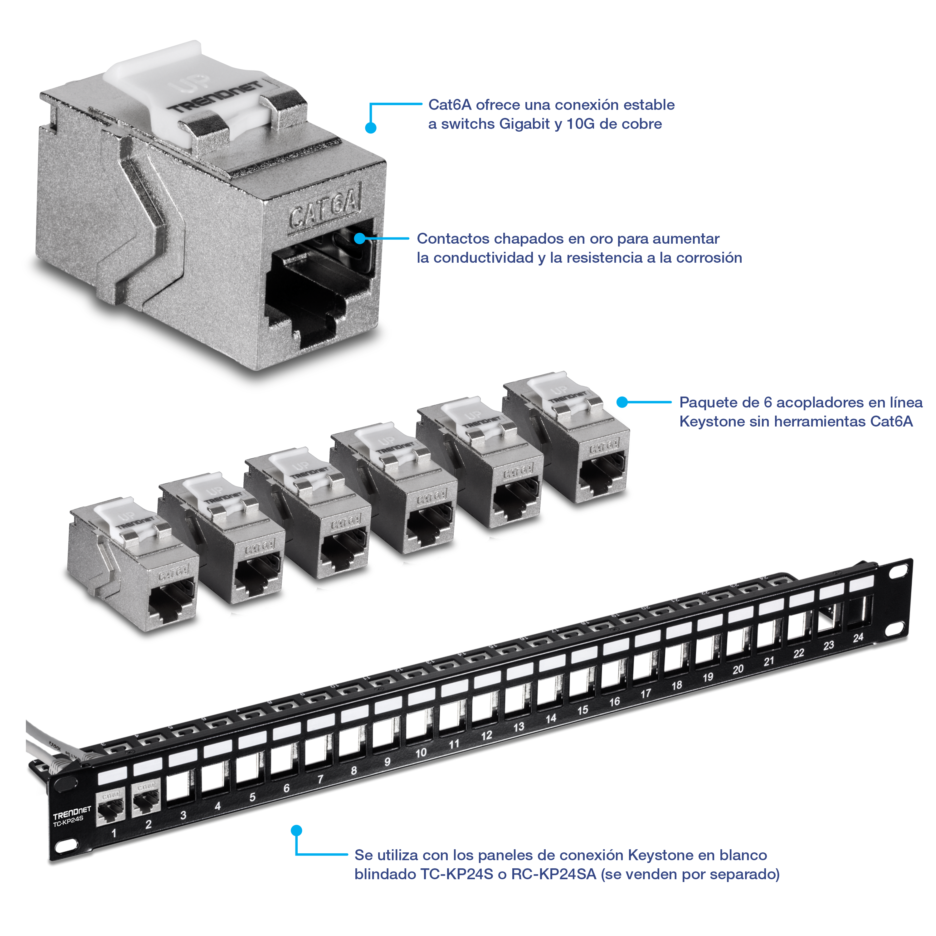 Un paquete de 6 acopladores en línea trapezoidales Cat6A sin herramientas (modelo TC-KC06C6A) y un panel de conexión trapezoidal. Los acopladores están diseñados para conexiones estables a conmutadores Gigabit y 10G de cobre, con contactos chapados en oro para mejorar la conductividad y la resistencia a la corrosión. El panel de conexión es compatible con los paneles de conexión y las placas de pared blindados TC-KP24S o TC-KP24SA en blanco, que se venden por separado.