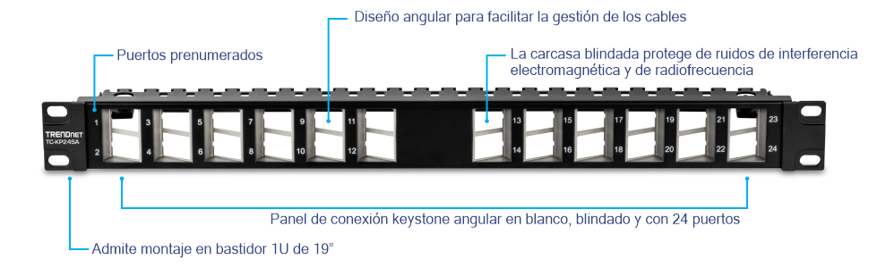 TRENDnet TC-KP24SA Panel de conexión Keystone blindado 1U de 24 puertos en ángulo blanco. El panel de conexión está diseñado para una fácil administración de cables y es de 1U 19 pulgadas. Listo para montaje en rack. Cuenta con puertos prenumerados para la organización, un diseño trapezoidal en ángulo y una carcasa blindada para proteger contra el ruido EMI/RFI. El panel tiene 24 puertos blindados de piedra angular en blanco.