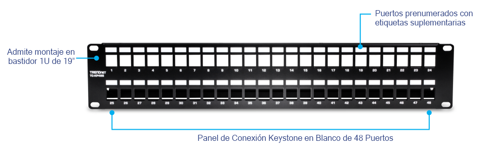 Panel de conexión HD TRENDnet TC-KP48S de 48 puertos Keystone blindado 2U en blanco. Este panel de conexión está diseñado para un montaje en rack de 19 pulgadas y tiene una altura de 2U. Cuenta con 48 puertos trapezoidales en blanco que permiten la personalización con varios tipos de conectores trapezoidales. El panel incluye puertos prenumerados y etiquetas suplementarias para una fácil identificación y organización. El diseño blindado ayuda a proteger contra el ruido EMI/RFI, lo que lo hace adecuado para administrar y organizar cables de red en centros de datos o armarios de red.