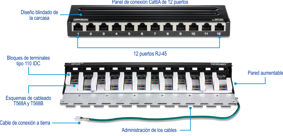 El TC-P12C6AS es un panel de conexión de montaje en pared blindado Cat6A de 12 puertos. Este panel cuenta con un diseño de carcasa blindada para proteger contra interferencias EMI/RFI, 12 puertos RJ-45 para conexiones de red y 110 bloques de terminales de tipo IDC. Es compatible con los esquemas de cableado T568A y T568B e incluye un cable de conexión a tierra para mayor seguridad. Además, el panel de conexión está diseñado para una fácil administración de cables y se puede montar en la pared, lo que lo hace ideal para organizar cables de red en entornos con espacio limitado.