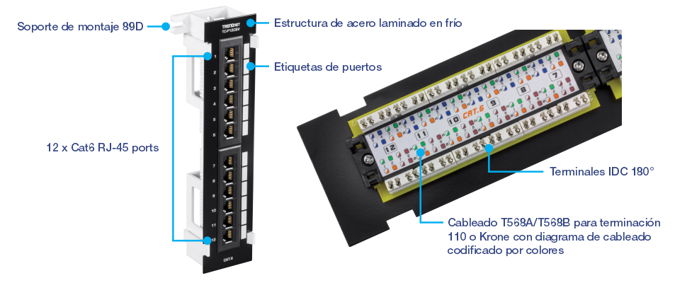 El panel de conexión de montaje en pared sin blindaje Cat6 de 12 puertos TC-P12C6V incluye un soporte de montaje en pared 89D para una fácil instalación. Fabricado en acero SPCC para mayor durabilidad, cuenta con etiquetas de puerto para una fácil identificación. Es compatible con terminales IDC de 180° y con los estándares de cableado T568A y T568B, con un diagrama de cableado codificado por colores para una configuración sencilla. El panel tiene 12 puertos RJ-45 diseñados para cables Cat6.