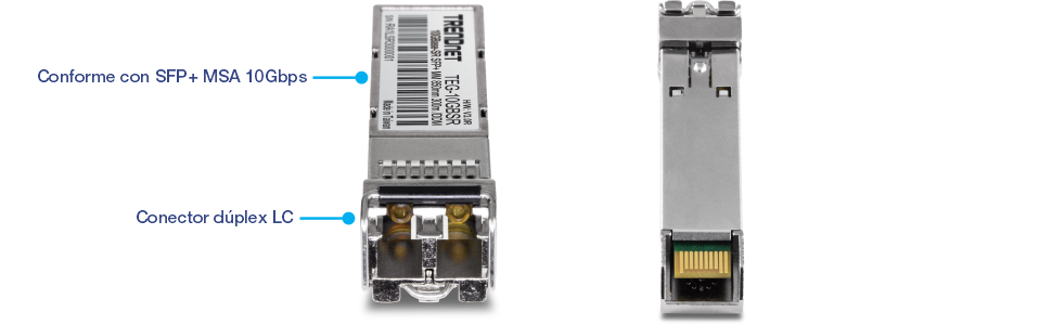 El módulo LC multimodo TRENDnet TEG-10GBSR 10GBASE-SR SFP+. En la vista frontal destaca el conector dúplex LC utilizado para las conexiones de fibra óptica, mientras que en la vista trasera se muestra la interfaz eléctrica para las conexiones de equipos de red.