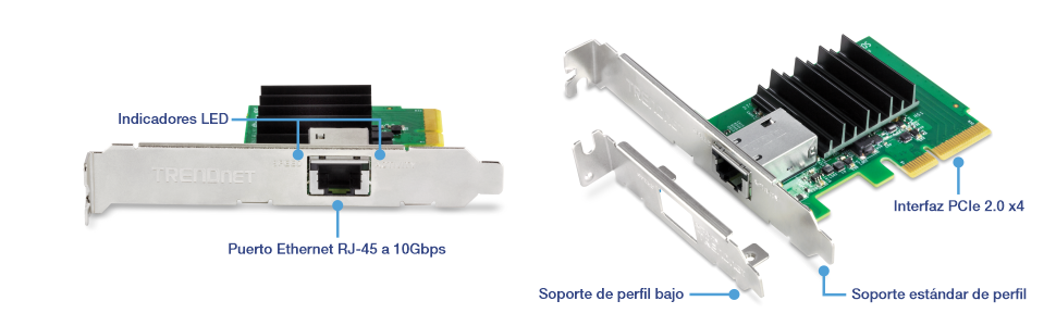 Una tarjeta de interfaz de red (NIC) con varios componentes etiquetados. En el lado izquierdo de la NIC se destacan los indicadores LED y la ranura Ethernet RJ-45 de 10 Gbps. El lado derecho muestra componentes adicionales, incluida una interfaz PCIe 3.0 x4, un soporte estándar y un soporte de perfil bajo.