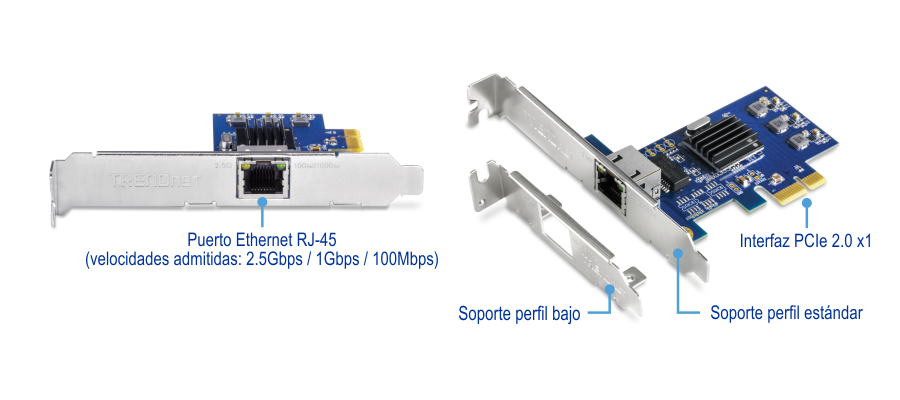 La tarjeta de interfaz de red (NIC) TRENDnet TEG-25GECTX tiene un puerto Ethernet RJ-45 que admite velocidades de 2,5 Gbps, 1 Gbps y 100 Mbps. También incluye una interfaz PCIe 2.0 x1 para conectarse a la placa base de un ordenador. La tarjeta viene con soportes estándar y de perfil bajo para asegurarla en diferentes tipos de carcasas de computadora.