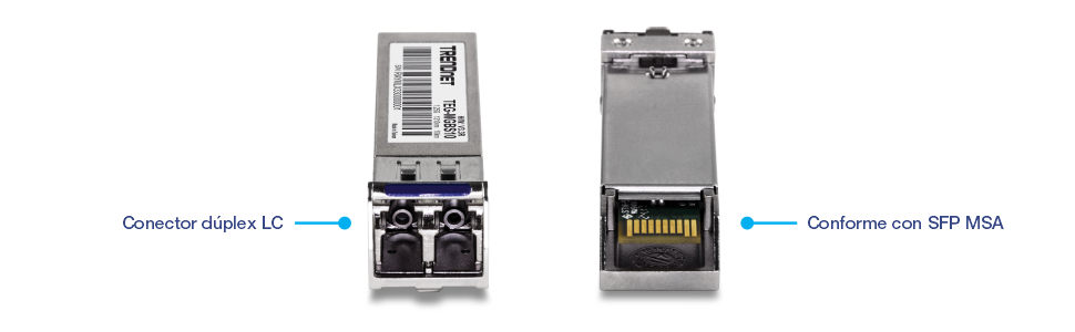 Dos vistas de un módulo transceptor SFP (Small Form-factor Pluggable) de la marca TRENDnet. El lado izquierdo muestra la vista frontal con un conector dúplex LC, mientras que el lado derecho muestra la vista posterior que indica el cumplimiento de SFP MSA (Acuerdo de múltiples fuentes).