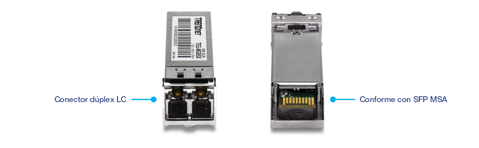 Dos vistas de un módulo transceptor TEG-MGBSX SFP de TRENDnet. En la vista izquierda destaca el conector dúplex LC para conexiones de fibra óptica. La vista de la derecha muestra el cumplimiento de los estándares del Acuerdo de múltiples fuentes SFP, lo que garantiza la compatibilidad con varios dispositivos de red.