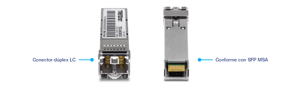 Dos vistas de un módulo transceptor TEG-MGBSX SFP de TRENDnet. En la vista izquierda destaca el conector dúplex LC para conexiones de fibra óptica. La vista de la derecha muestra el cumplimiento de los estándares del Acuerdo de múltiples fuentes SFP, lo que garantiza la compatibilidad con varios dispositivos de red.