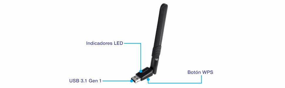Un adaptador Wi-Fi USB con una antena externa, con un indicador LED en el cuerpo, un conector USB 3.1 Gen1 en el extremo y un botón WPS en el lateral, diseñado para mejorar la recepción de la señal inalámbrica.