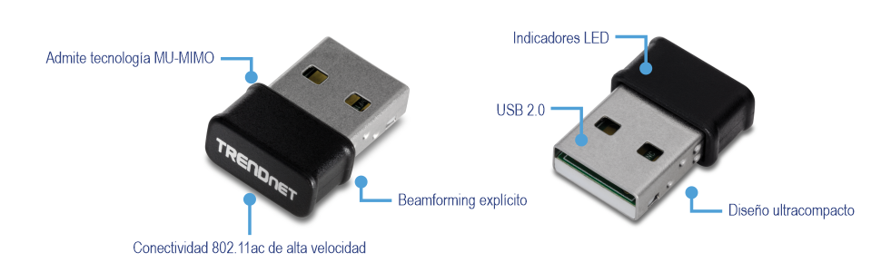 Un dispositivo USB de TRENDnet que admite la tecnología MU-MIMO, ofrece conectividad 802.11ac de alta velocidad, cuenta con formación de haz explícita y tiene una interfaz USB 2.0, un indicador LED y un diseño ultracompacto.