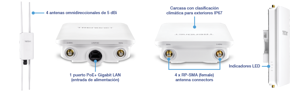 El objeto visual muestra un dispositivo TRENDnet con varias vistas y componentes etiquetados. El dispositivo cuenta con cuatro antenas omnidireccionales de 5 dBi, una carcasa con clasificación climática para exteriores IP67, un puerto LAN PoE+ Gigabit para entrada de alimentación, cuatro conectores de antena hembra RP-SMA e indicadores LED. El dispositivo está diseñado para uso en exteriores, proporcionando una conectividad robusta y durabilidad en diversas condiciones climáticas.