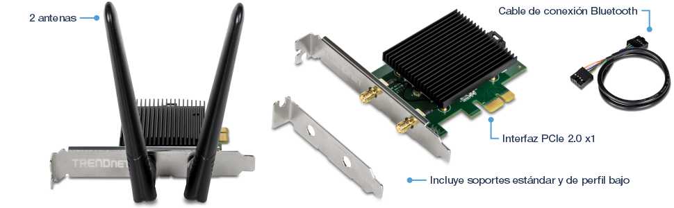 Un componente de hardware de computadora con dos antenas, una interfaz PCIe 2.0 x1 y un cable de cabecera Bluetooth. Incluye soportes estándar y de perfil bajo. Las antenas están conectadas al componente principal, que tiene un disipador de calor, y el cable de cabecera Bluetooth está enrollado y separado