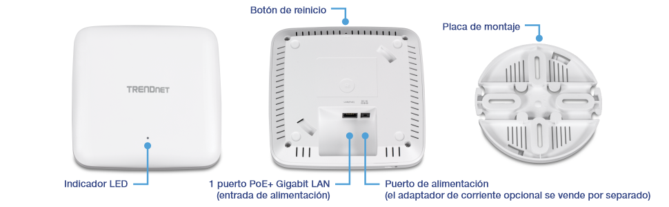 Tres vistas de un dispositivo TRENDnet. La vista frontal destaca los indicadores LED. La vista trasera incluye un botón de reinicio, un puerto LAN PoE+ Gigabit para la entrada de alimentación y un puerto de alimentación para un adaptador de corriente opcional. La tercera vista muestra la placa de montaje utilizada para la instalación.