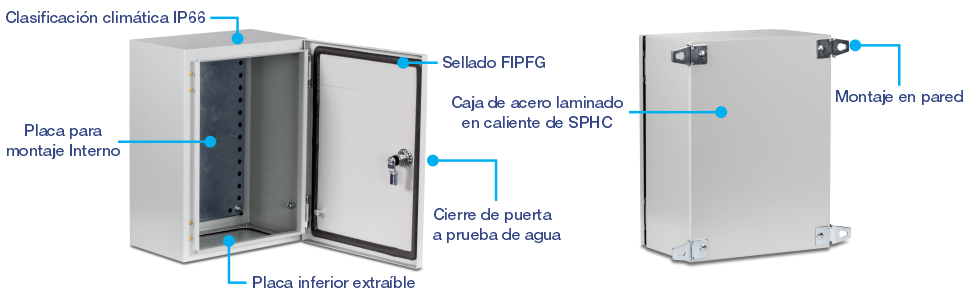 Una vista de puerta abierta de la TI-CA2, etiquetada con clasificación climática IP66, placa de montaje interna, placa inferior extraíble, cerradura de puerta impermeable y sellado FIPFG. El lado derecho muestra la vista trasera etiquetada con caja de acero laminado en caliente SPHC y montaje en pared.