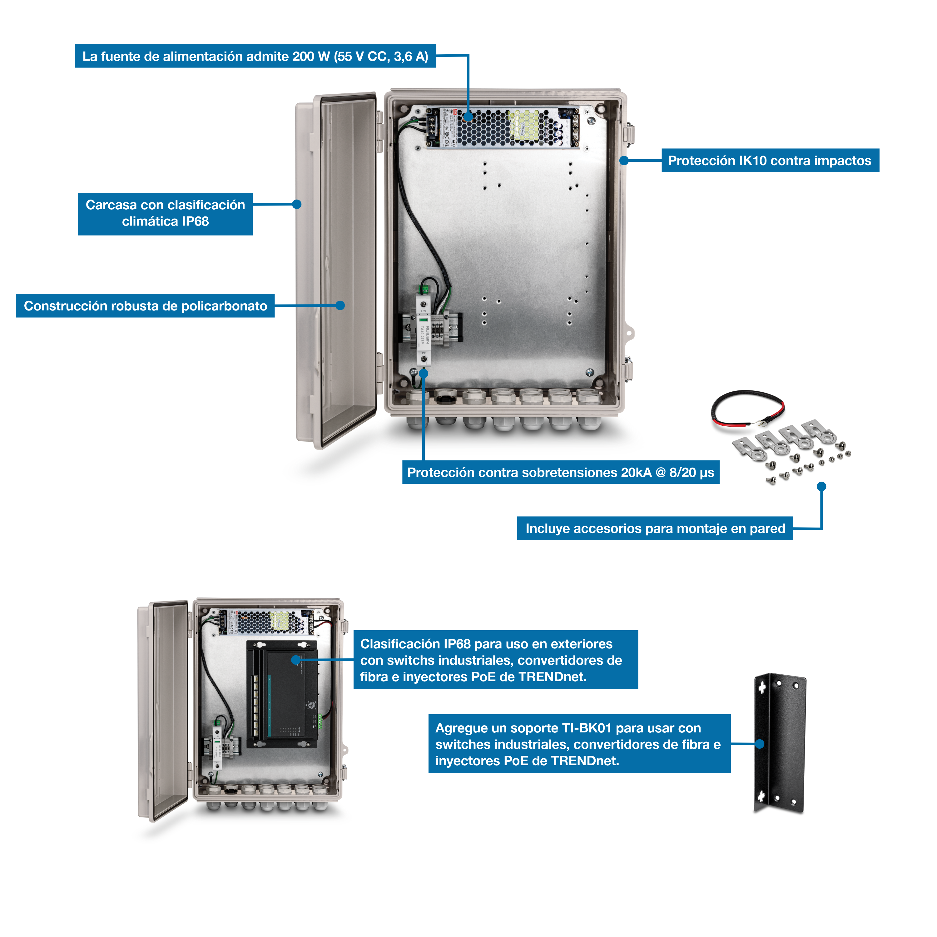 La ilustración muestra la vista frontal de una carcasa TI-CA3K abierta. Incluye etiquetas para soporte de fuente de alimentación de hasta 200 W (55 V CC, 3,6 A), protección contra impactos IK10, carcasa con clasificación climática IP68, construcción de policarbonato resistente y protección contra sobretensiones de 20 kA @ 8/20. Se incluyen herrajes de montaje en pared. A continuación, hay una vista abierta con un dispositivo de red en su interior etiquetado como IP68 con clasificación IP68 para uso en exteriores con conmutadores industriales, convertidores de fibra e inyectores PoE de TRENDnet. Una vista del soporte TI-BK01 indica que puede adaptarse perfectamente a otros dispositivos industriales compactos de TRENDnet (el soporte se vende por separado).