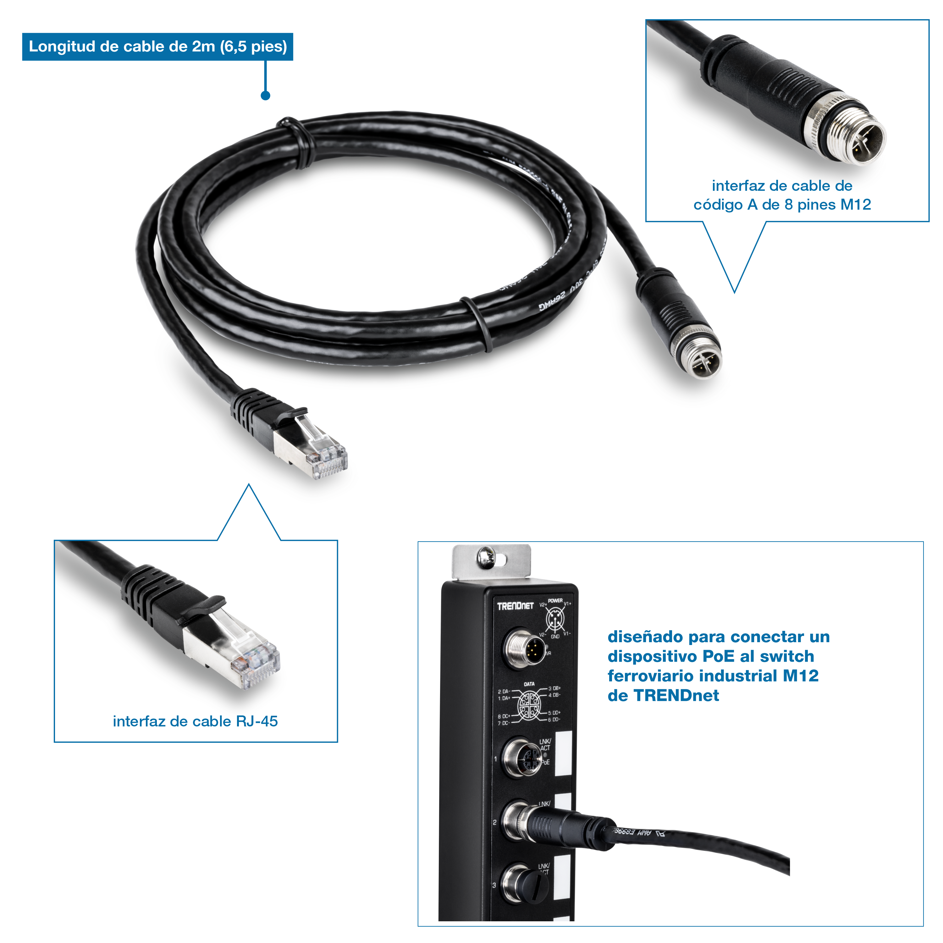 Un cable Ethernet industrial M12 a RJ-45 enrollado etiquetado con una longitud de cable de 2 m (6,5 pies). Incluye una vista ampliada de la interfaz de cable de código A M12 de 8 pines en un extremo y la interfaz de cable RJ-45 en el otro extremo. La imagen también muestra una vista de un conmutador ferroviario M12, destacando que el cable está diseñado para conectar un dispositivo PoE al conmutador ferroviario industrial M12 de TRENDnet.