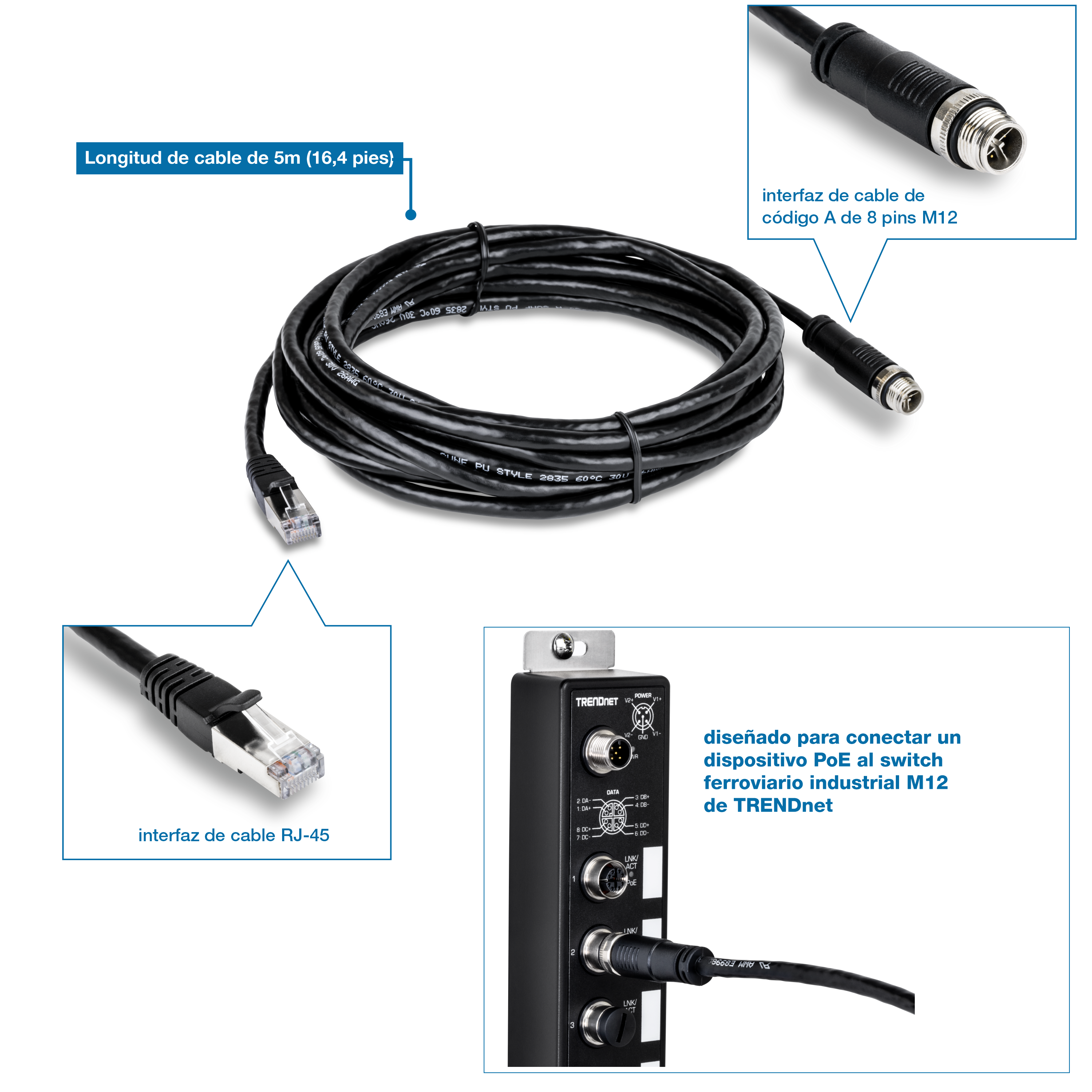 Un cable Ethernet industrial M12 a RJ-45 enrollado etiquetado con una longitud de cable de 5 m (16,4 pies). Incluye una vista ampliada de la interfaz de cable de código A M12 de 8 pines en un extremo y la interfaz de cable RJ-45 en el otro extremo. La imagen también muestra una vista de un conmutador ferroviario M12, destacando que el cable está diseñado para conectar un dispositivo PoE al conmutador ferroviario industrial M12 de TRENDnet.