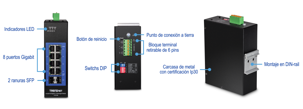 La ilustración muestra varias vistas de la TI-G102i. Desde la izquierda, una vista frontal está etiquetada con indicadores LED, ocho puertos Gigabit y dos ranuras SFP. La vista superior central está etiquetada con un botón de reinicio, un punto de conexión a tierra, un bloque de terminales extraíble de 6 pines e interruptores DIP. A la derecha, una vista lateral del ángulo trasero está etiquetada con una carcasa metálica con clasificación IP30 y montaje en carril DIN.