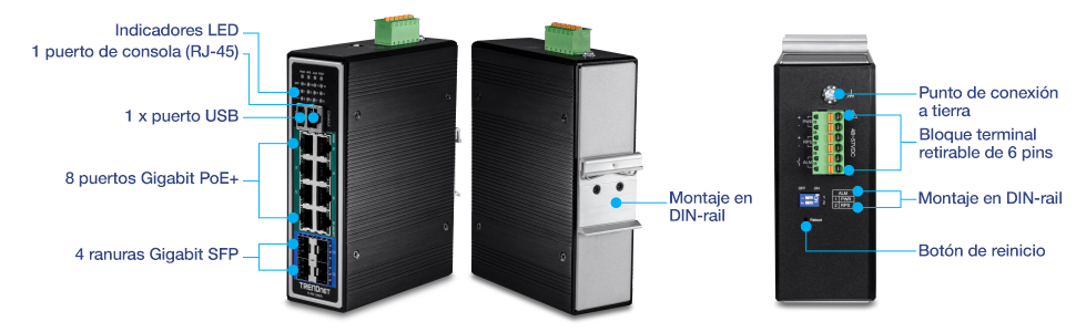 Múltiples vistas de un conmutador de carril DIN PoE+ gestionado Gigabit L2+ industrial de 12 puertos. La vista frontal en ángulo muestra indicadores LED, puerto de consola (RJ-45), puerto USB, puertos Gigabit PoE+ y ranuras Gigabit SFP. La vista en ángulo posterior muestra el montaje en carril DIN. La vista superior muestra el punto de conexión a tierra, el bloque de terminales, los interruptores DIP y el botón de reinicio.