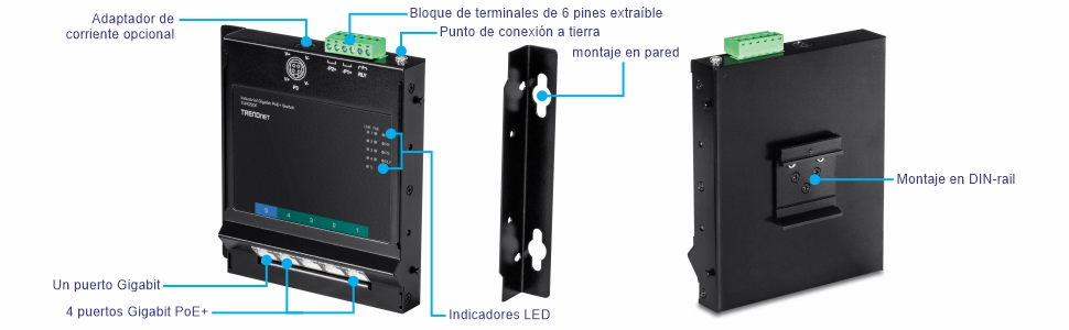 Vista frontal de un conmutador industrial TRENDnet que muestra los componentes etiquetados: adaptador de corriente opcional, bloque de terminales extraíble de 6 pines, punto de conexión a tierra, indicadores LED, un puerto Gigabit y cuatro puertos Gigabit PoE+. Una vista lateral muestra el soporte de pared. La vista trasera cuenta con un montaje en carril DIN.