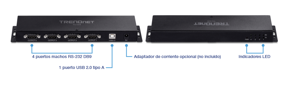 El diagrama muestra un Convertidor USB a Serial TRENDnet TU-S4. Tiene cuatro puertos de salida serial (OUTPUT 1, 2, 3, 4), un puerto USB 2.0 y una entrada de alimentación de 5V. Las ilustraciones a continuación demuestran sus aplicaciones prácticas, mostrando conexiones a un sistema POS, una impresora y una PC, todos alimentados a través del puerto USB 2.0 y el adaptador de 5V.