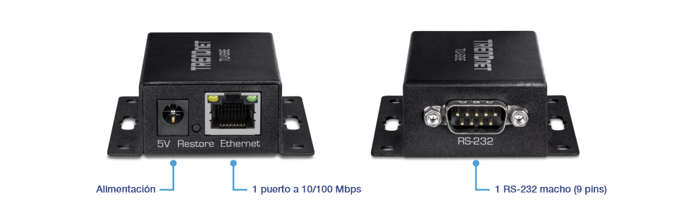 La imagen muestra un convertidor USB a serie TRENDnet TU-S9, detallando sus vistas frontal y trasera. La vista frontal incluye un puerto de alimentación de 5 V, un botón de restauración y un puerto ethernet (1 x 10 100 mbps). La vista trasera cuenta con un puerto macho RS-232 (9 pines), lo que destaca su capacidad para convertir señales USB en señales seriales, lo cual es útil para conectar dispositivos antiguos de computadoras modernas.