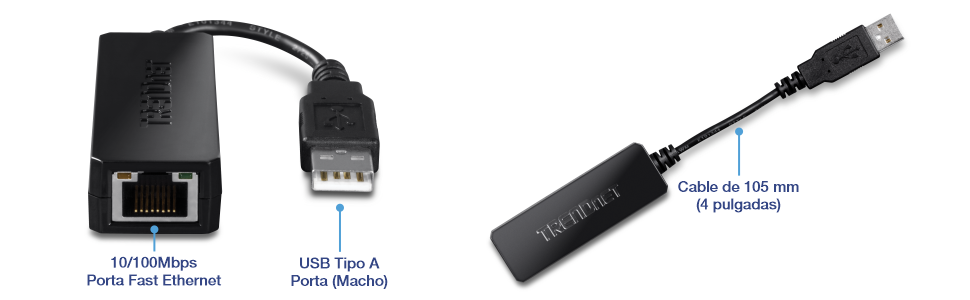 La imagen muestra un adaptador USB 2.0 a Ethernet Rápido, modelo TU2-ET100. Cuenta con un puerto Ethernet Rápido de 10/100 Mbps en un extremo y un conector USB Tipo A en el otro. Se usa para conectar una computadora u otro dispositivo con un puerto USB a una red Ethernet por cable, proporcionando acceso confiable a Internet.