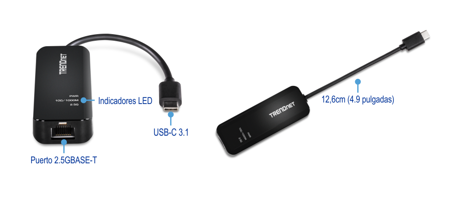 El adaptador de red TRENDnet se muestra desde diferentes ángulos. Cuenta con un puerto 2.5GBASE-T, indicadores LED y un conector USB-C 3.1.