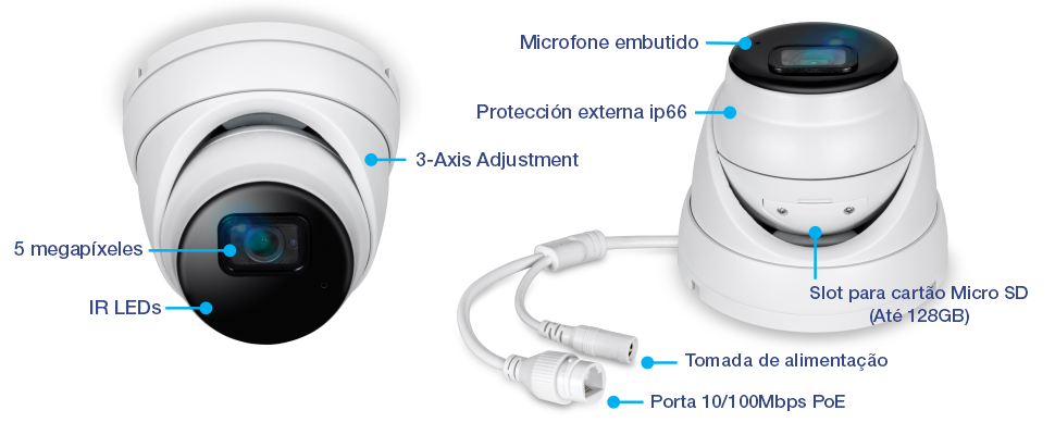 Cámara de Red de Turreta Fija de 5 Megapíxeles TV-IP1515PI con LEDs IR para visión nocturna, micrófono incorporado, ajuste de 3 ejes, clasificación IP66, ranura para tarjeta Micro SD (hasta 256GB), conector de alimentación y puerto PoE de 10/100Mbps.