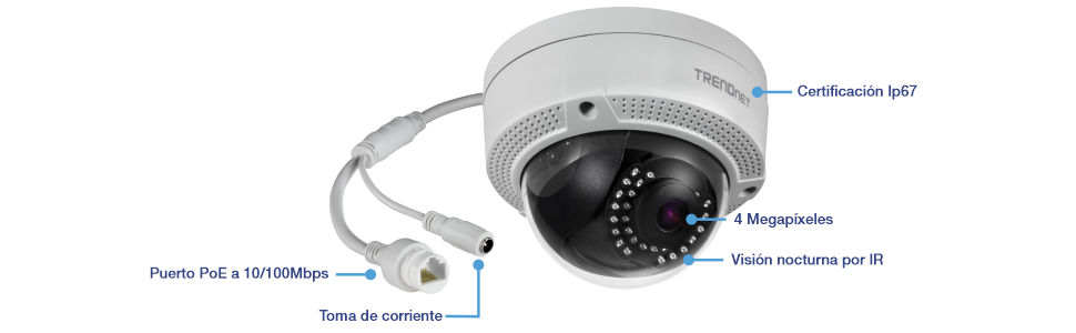 Una cámara de vigilancia con características etiquetadas que indican que tiene clasificación climática IP67, 4 megapíxeles de resolución y está equipada con visión nocturna IR. Incluye un puerto PoE de 10/100 Mbps para alimentación y transmisión de datos y tiene un puerto de alimentación opcional. El nombre de la marca TRENDnet es visible en el lateral de la cámara.