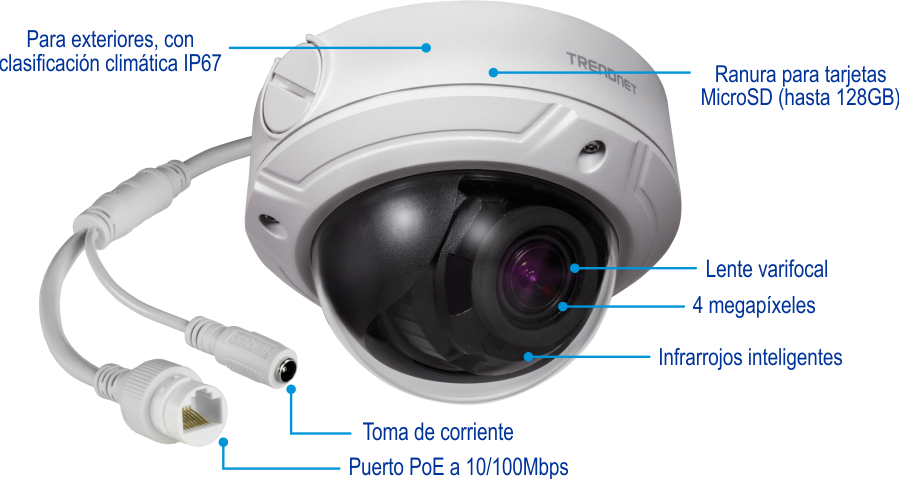 Una cámara de seguridad blanca en forma de cúpula con una clasificación climática IP67 para exteriores, una ranura para tarjetas micro SD que admite hasta 128 GB, una lente varifocal, una resolución de 4 megapíxeles, tecnología Smart IR, un conector de alimentación y un puerto PoE de 10/100 Mbps.