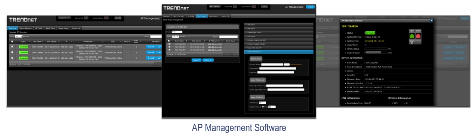 Lo screenshot mostra tre visualizzazioni di un'interfaccia software denominata AP Management Software. La prima vista mostra una tabella che elenca vari punti di accesso con dettagli quali stato, indirizzo IP, indirizzo MAC e versione del firmware. La seconda vista presenta un modulo per l'aggiunta o la modifica di un punto di accesso, inclusi i campi per l'indirizzo IP, l'indirizzo MAC e altre impostazioni di configurazione. La terza visualizzazione fornisce informazioni dettagliate su un punto di accesso specifico, tra cui il tempo di attività, l'utilizzo della memoria e le informazioni sul dispositivo. L'interfaccia è marchiata con il nome TRENDnet e include schede di navigazione per diverse sezioni del software.