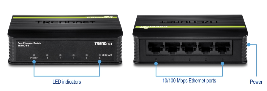 A TRENDnet Fast Ethernet Switch model TE100-S5. The front view displays LED indicators labeled Power, 1, 2, 3, 4, and Link/Act. The rear view shows five 10/100 Mbps Ethernet ports and a power input. The device is black with a green stripe and the TRENDnet logo on top.