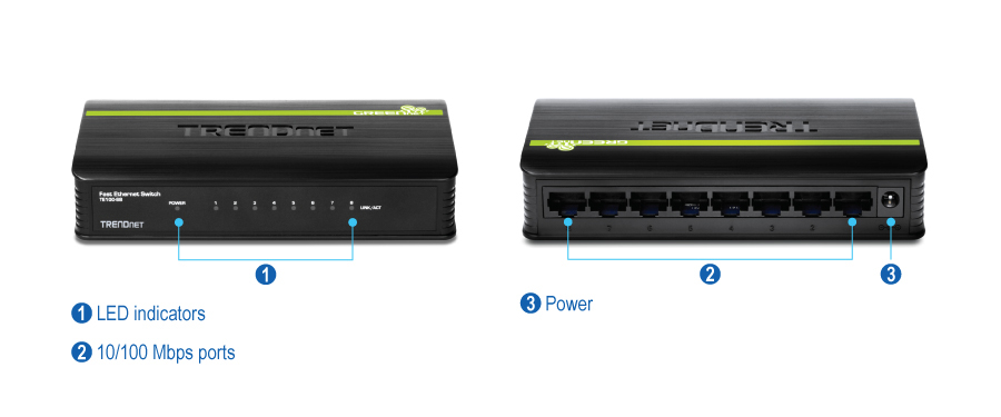 Two views of a TRENDnet TE100-S8 8-Port 10/100 Mbps GREENnet Switch. The front view displays the LED indicators, including power and link/activity lights for each of the eight ports. The back view shows the eight 10/100 Mbps Ethernet ports and the power input.