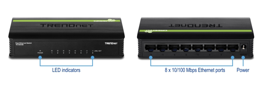 Two views of a TRENDnet TE100-S8 8-Port 10/100 Mbps GREENnet Switch. The front view displays the LED indicators, including power and link/activity lights for each of the eight ports. The back view shows the eight 10/100 Mbps Ethernet ports and the power input.